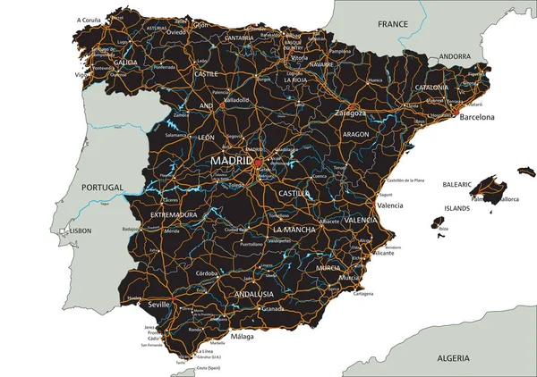 Mapa Estradas Espanha Detalhado Com Rotulagem — Vetor de Stock