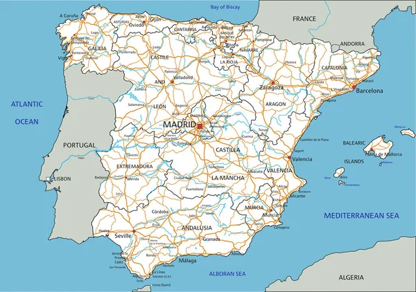 Mapa Estradas Espanha Detalhado Com Rotulagem — Vetor de Stock