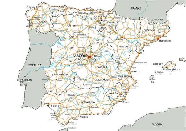 Mapa Estradas Espanha Detalhado Com Rotulagem — Vetor de Stock