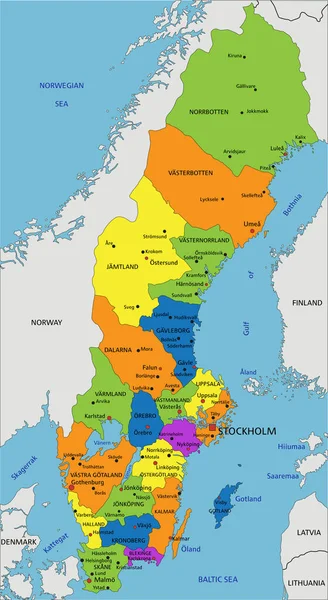 Kolorowa Szwedzka Mapa Polityczna Wyraźnie Oznakowanymi Oddzielnymi Warstwami Ilustracja Wektora — Wektor stockowy