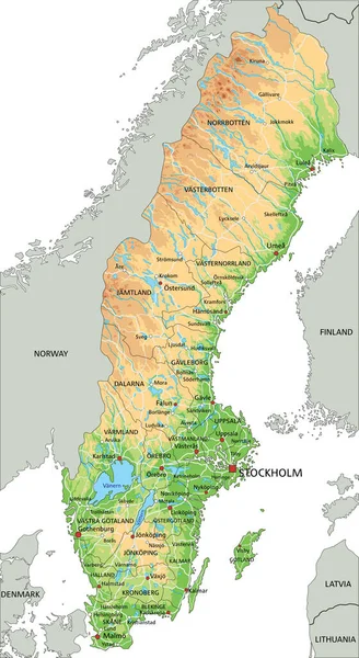 Alto Mapa Físico Detallado Suecia Con Etiquetado — Archivo Imágenes Vectoriales