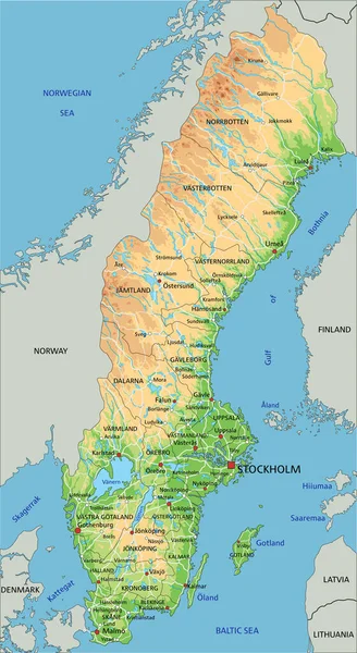 ラベル付きの詳細なスウェーデンの物理地図 — ストックベクタ