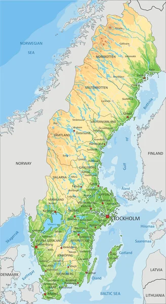 Hög Detaljnivå Sverige Fysisk Karta Med Märkning — Stock vektor