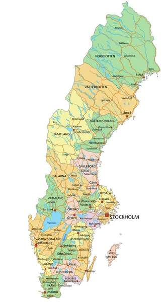 Suecia Mapa Político Editable Altamente Detallado Con Etiquetado — Archivo Imágenes Vectoriales