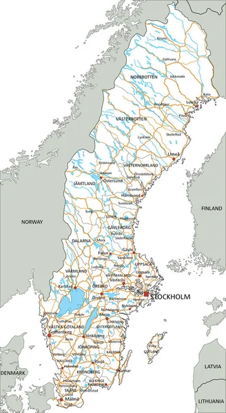 附有标签的高度详细的瑞典路线图 — 图库矢量图片