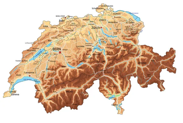 Alto Mapa Físico Detallado Suiza Con Etiquetado — Archivo Imágenes Vectoriales