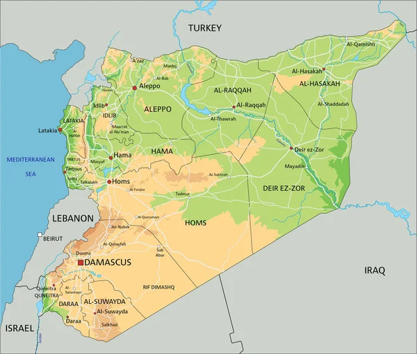 Alto Mapa Físico Detallado Siria Con Etiquetado — Vector de stock