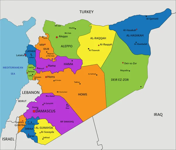 Colorido Mapa Político Siria Con Capas Claramente Etiquetadas Separadas Ilustración — Vector de stock