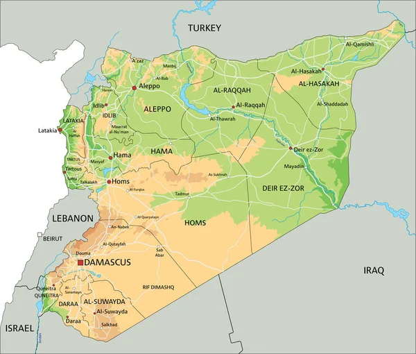 Alta Mappa Fisica Dettagliata Della Siria Con Etichettatura — Vettoriale Stock