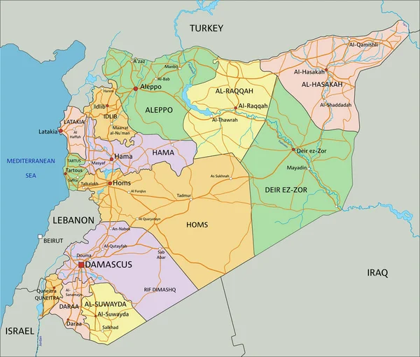 Sýrie Vysoce Podrobná Upravitelná Politická Mapa Označením — Stockový vektor