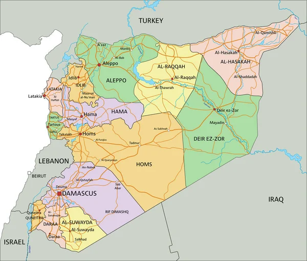 Síria Mapa Político Altamente Detalhado Editável Com Rotulagem —  Vetores de Stock