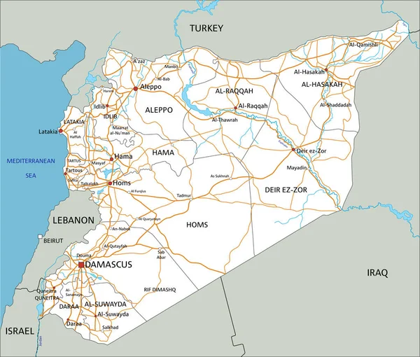 Mappa Stradale Siriana Dettagliata Con Etichettatura — Vettoriale Stock