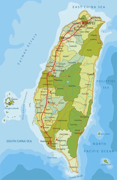 Дуже Детальна Редагована Політична Карта Розділеними Шарами Тайвань — стоковий вектор