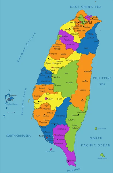 Kolorowa Mapa Polityczna Tajwanu Wyraźnie Oznakowanymi Oddzielnymi Warstwami Ilustracja Wektora — Wektor stockowy