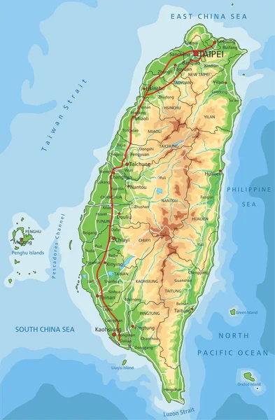 Mapa Físico Taiwan Altamente Detalhado Com Rotulagem — Vetor de Stock