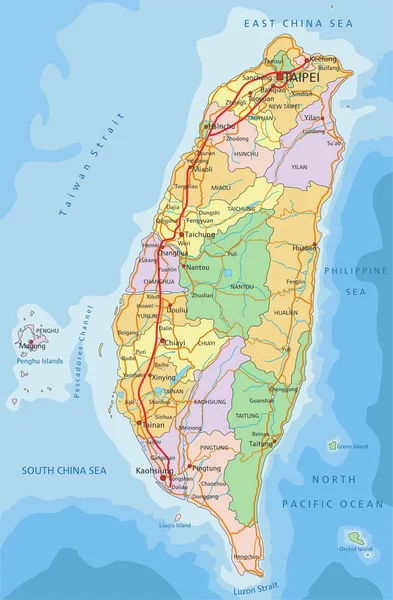 Тайвань Подробная Редактируемая Политическая Карта Маркировкой — стоковый вектор
