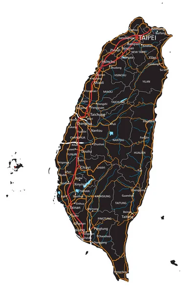 详细的台湾路线图 附有标签 — 图库矢量图片