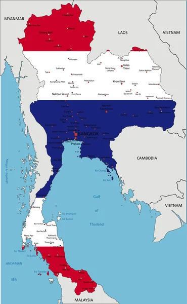Thajsko Velmi Podrobná Politická Mapa Národní Vlajkou Izolované Bílém Pozadí — Stockový vektor