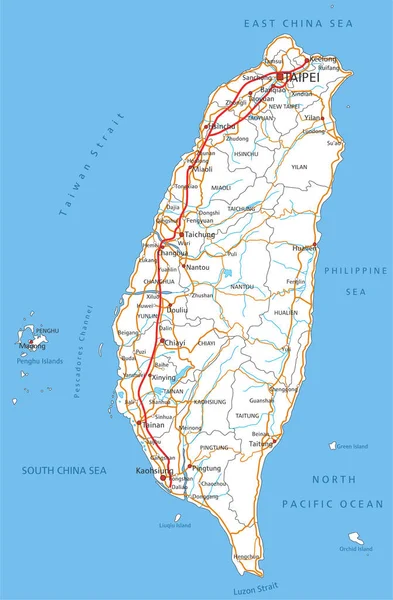 Alta Hoja Ruta Detallada Taiwán Con Etiquetado — Vector de stock