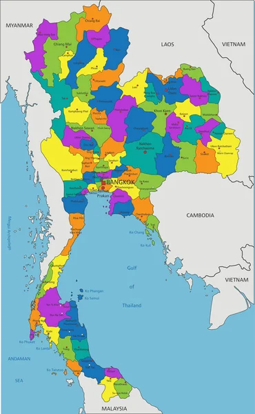 Barevná Thajská Politická Mapa Jasně Označenými Oddělenými Vrstvami Vektorová Ilustrace — Stockový vektor