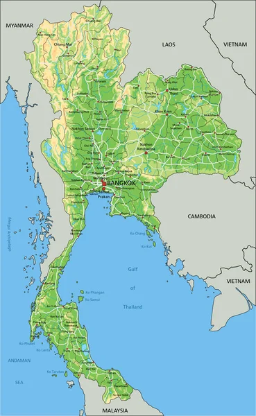 Mapa Físico Tailândia Altamente Detalhado Com Rotulagem — Vetor de Stock
