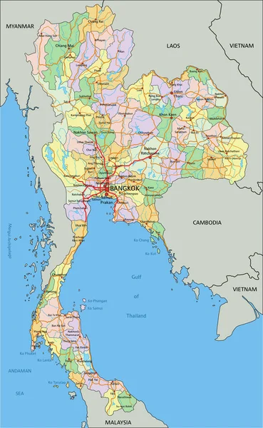 Tailandia Mapa Político Editable Altamente Detallado Con Etiquetado — Vector de stock