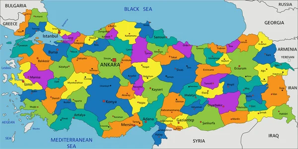 Açık Bir Şekilde Etiketlenmiş Ayrık Katmanlı Renkli Türkiye Siyasi Haritası — Stok Vektör