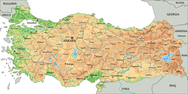 Mapa Físico Detalhado Turquia Com Rotulagem — Vetor de Stock