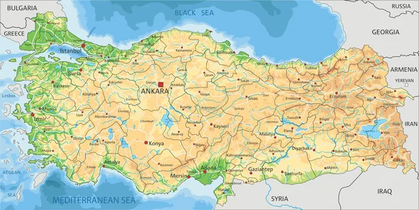 Mapa Físico Detalhado Turquia Com Rotulagem — Vetor de Stock