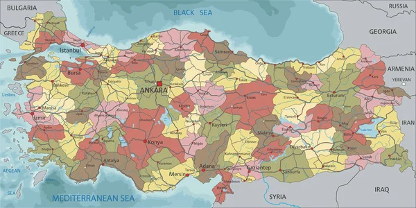 Ausführliche Politische Landkarte Der Türkei — Stockvektor