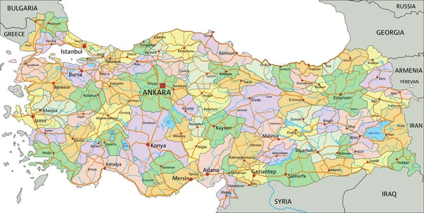 Turquia Mapa Político Editável Altamente Detalhado Com Rotulagem — Vetor de Stock