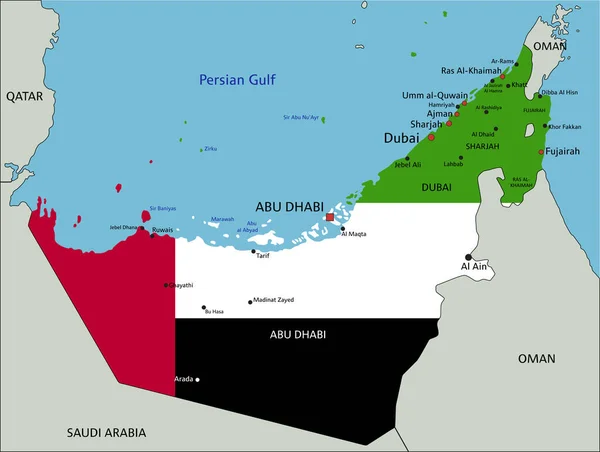 Emiratos Árabes Unidos Mapa Político Altamente Detallado Con Bandera Nacional — Vector de stock