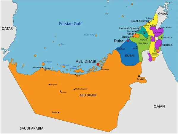 Colorido Mapa Político Los Emiratos Árabes Unidos Con Capas Claramente — Vector de stock