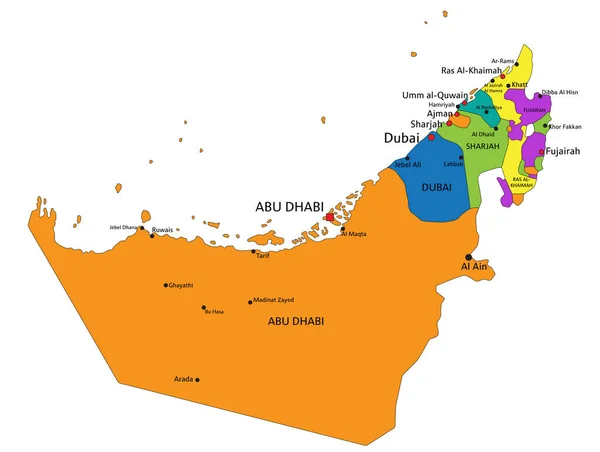 Farverige Forenede Arabiske Emirater Politisk Kort Med Tydeligt Mærket Adskilte – Stock-vektor