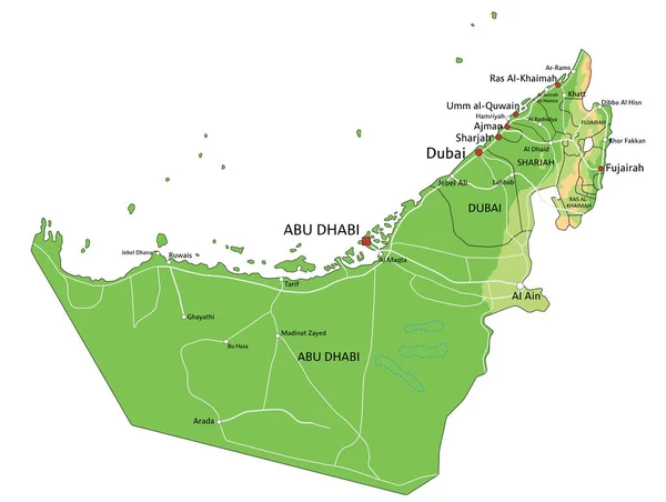 Alto Mapa Físico Detallado Emiratos Árabes Unidos Con Etiquetado — Vector de stock