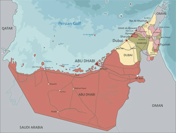 Mapa Político Detallado Emiratos Árabes Unidos — Vector de stock