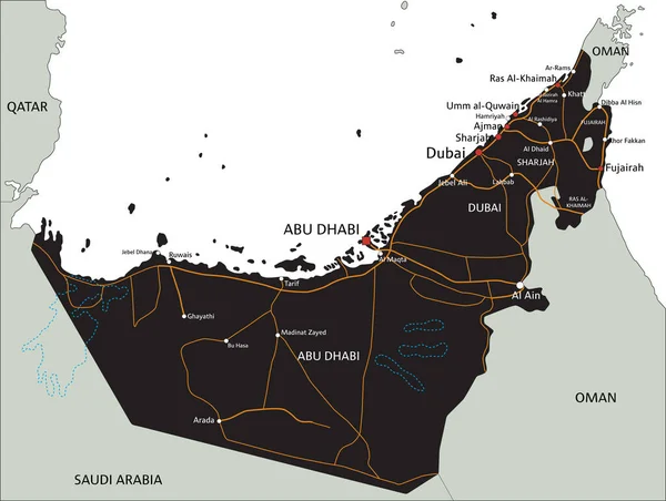 Hoja Ruta Detallada Los Emiratos Árabes Unidos Con Etiquetado — Vector de stock