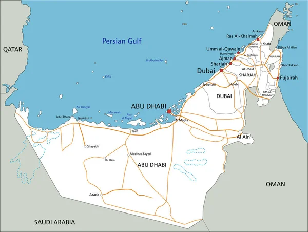 Velmi Podrobná Cestovní Mapa Spojených Arabských Emirátů Označením — Stockový vektor