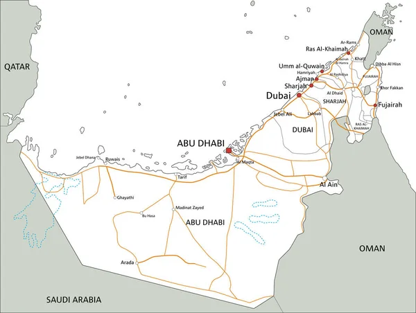 Hoja Ruta Detallada Los Emiratos Árabes Unidos Con Etiquetado — Vector de stock