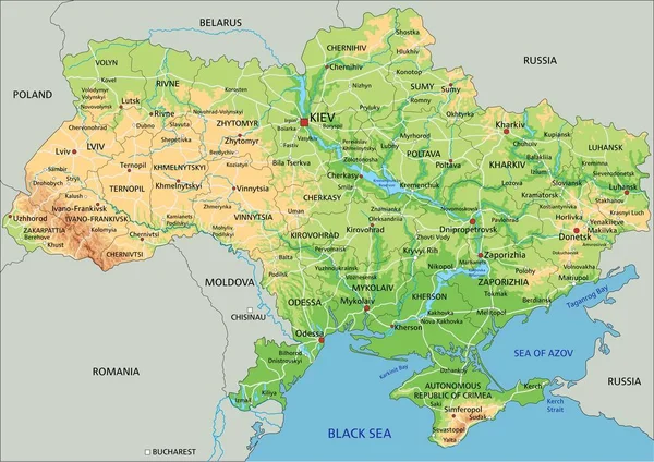 Mapa Físico Detalhado Ucrânia Com Rotulagem — Vetor de Stock