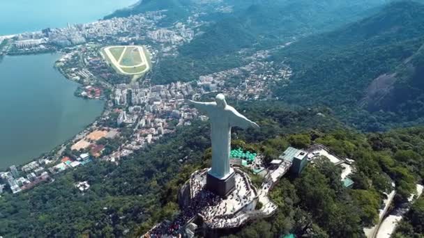 Aerial Landscape Christ Redeemer Statue Rio Janeiro Brazil Landmark Coast — Stock Video