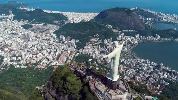 Aerial Landscape Christ Redeemer Statue Rio Janeiro Brazil Landmark Coast — Stockvideo