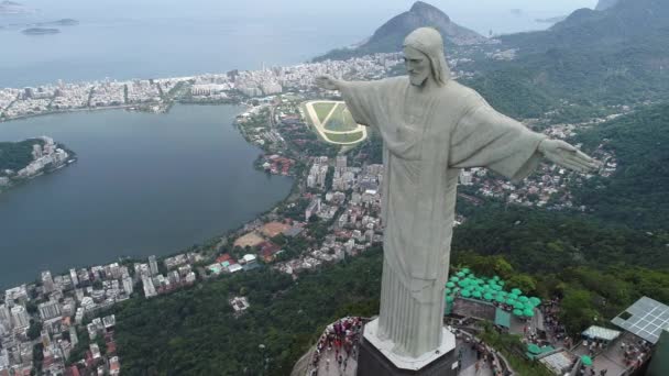 Воздушный Пейзаж Статуи Христа Искупителя Рио Жанейро Бразилия Ориентир Побережья — стоковое видео