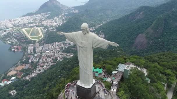 Повітряний Пейзаж Статуї Христа Спасителя Ріо Жанейро Бразилія Прибережний Пункт — стокове відео