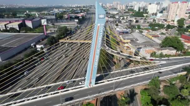 Cable Stayed Bridge Landmark Guarulhos Sao Paulo Brazil Downtown Guarulhos — Stock Video