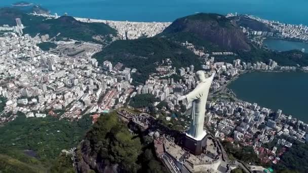 Aerial Landscape Christ Redeemer Statue Rio Janeiro Brazil Landmark Coast — Stock Video