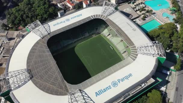 Allianz Park v Sao Paulu v Brazílii. Letecká krajina sportovní scenérie fotbalové hřiště na Sao Paulo města Brazílie. Cityscape u fotbalového stadionu.