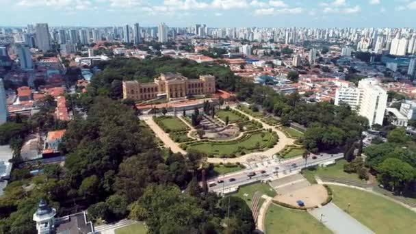 サンパウロブラジルのダウンタウンの都市景観空撮 市内の歴史的中心部にある有名な観光名所 — ストック動画