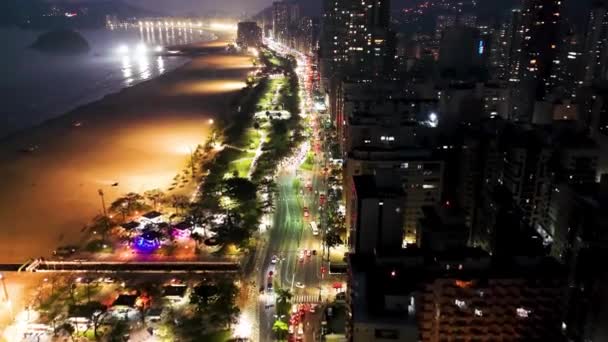 Νυχτερινή Αεροφωτογραφία Της Παράκτιας Πόλης Σάντος Σάο Πάολο Βραζιλία Εναέρια — Αρχείο Βίντεο