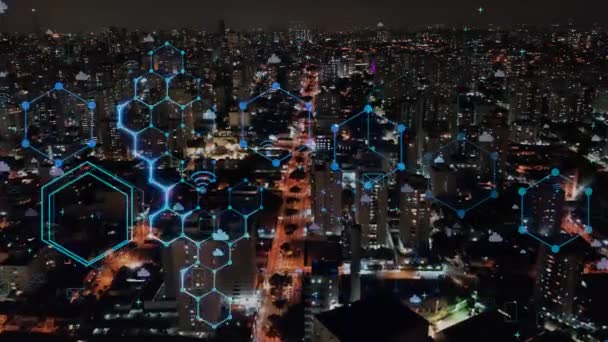 Krajobraz Powietrzny Inteligentnego Miasta Futurystycznym Efektem Cyberbezpieczeństwa Innowacja Łączność Media — Wideo stockowe